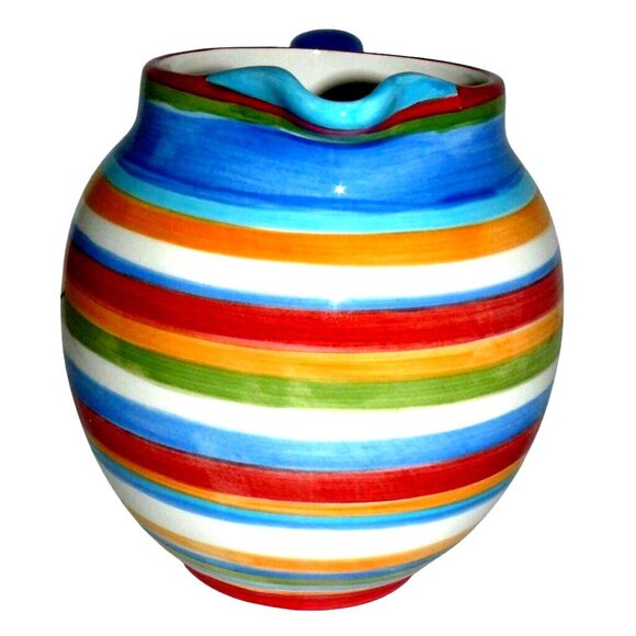 Colorful Hand-painted Ceramic Pitcher With Striped Design & Blue Handle By Home - Picture 6 of 6